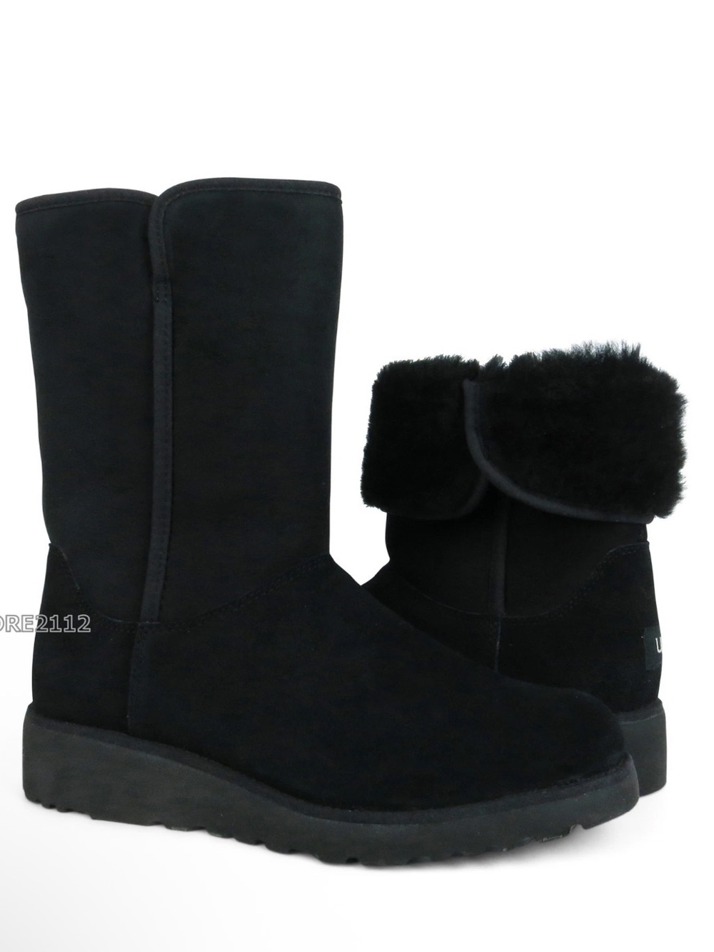 UGG Amie Classic Wedge Boot Water-Resistant Black Suede Plush Sheepskin Lining 9
